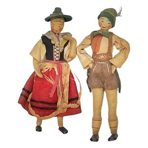 Vintage Bavarian Folk Dolls Pair Boy Girl Hand Painted Cloth Alpine Costume